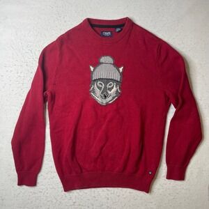 CHAPS Mens‎ Red Wolf Beanie Graphic Crewneck Cotton Knit Sweater Small